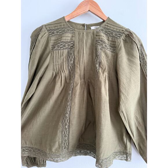 Madewell | NWT  Lace-Insert Pintucked Long-Sleeve Top Faded Ivy | Sz M - Picture 6 of 12